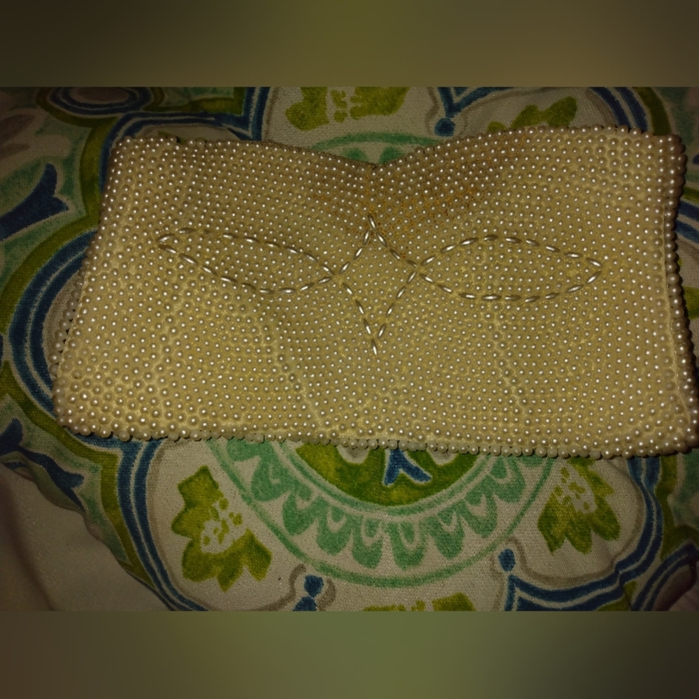 Antique hand beaded pearl clutch